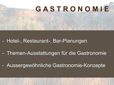 Ausstattungen und Konzepte f&uuml;r die Gastronomie
Gastronomie Planungen f&uuml;r Themen- und Loungeausstattungen von KUNST & IDEEN